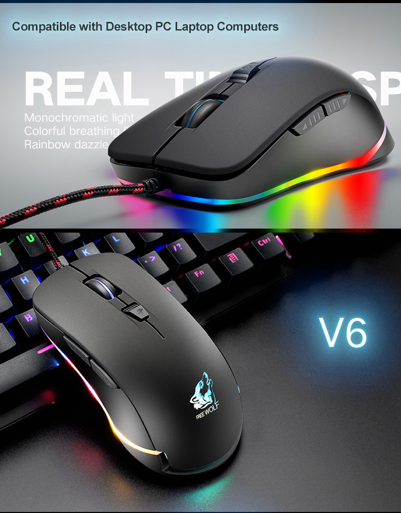 Free Wolf Mouse Gaming USB 2400 DPI dengan LED RGB V6